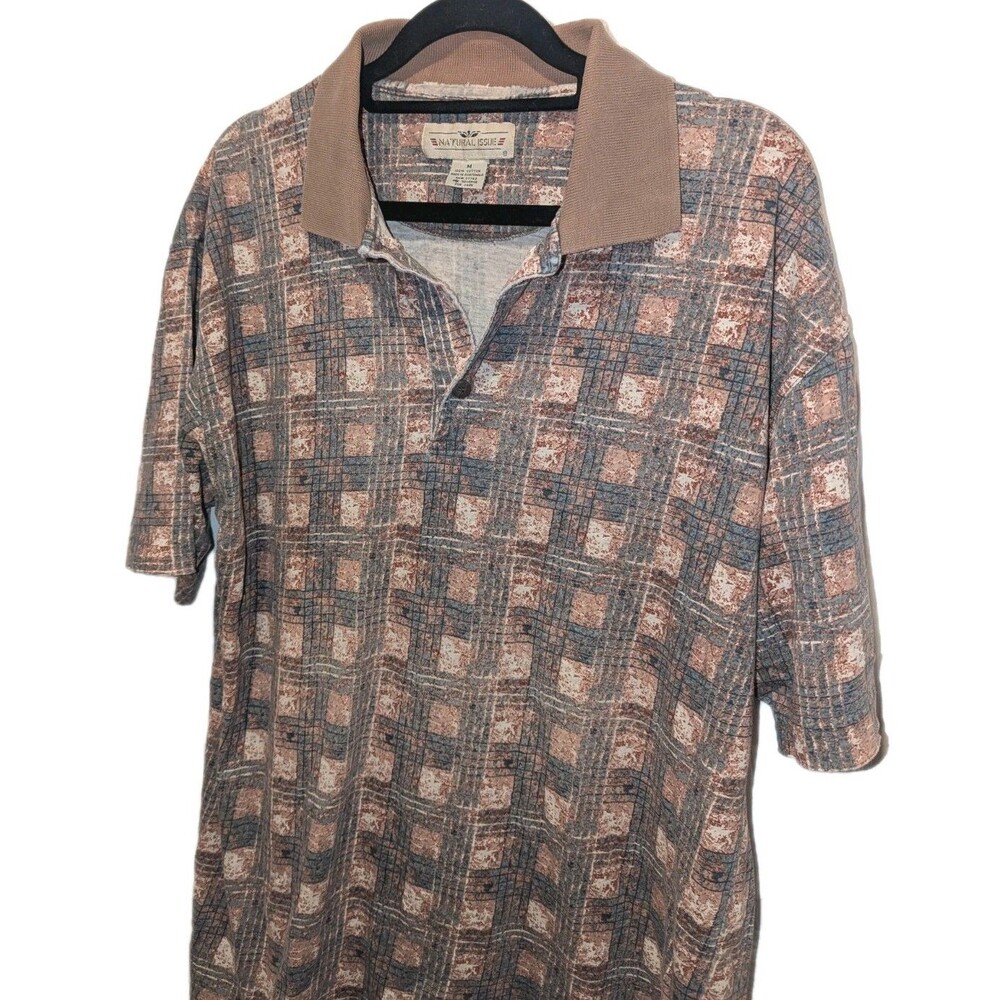 Vintage 80s Brown and Green Patterned Grampa Polo Shirt - Natural Issue Medium